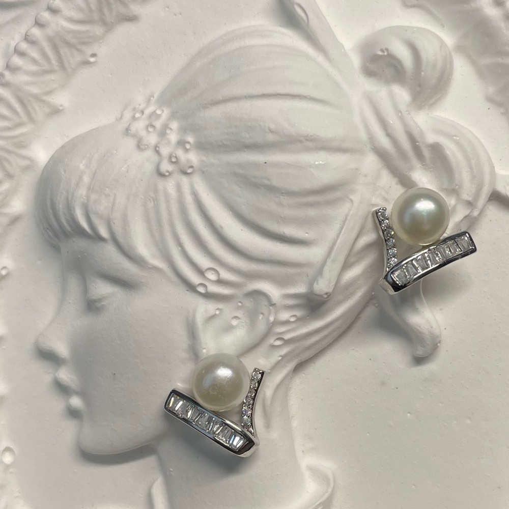 Freshwater Pearl & CZ Statement Earrings | Brass | New
